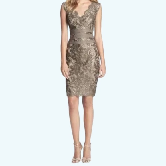 Tadashi Shoji Taupe Lace Fitted Scallop Dress 4 - Picture 8 of 9
